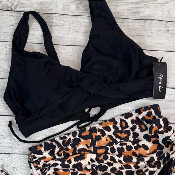 Aqua Eve NWT High Waisted Bikini Twist Front Top and Leopard Print Bottom Large - Picture 3 of 9